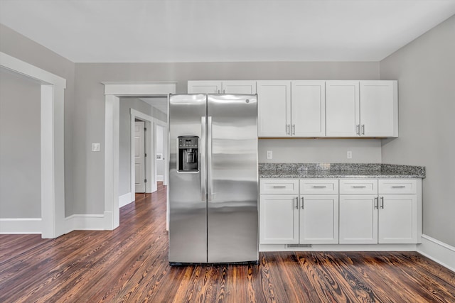 319 Trinity Rd, Troutville, VA 24175 - kitchen featuring light stone countertops, dark wood-style flooring, white cabinets, and stainless steel fridge with ice dispenser