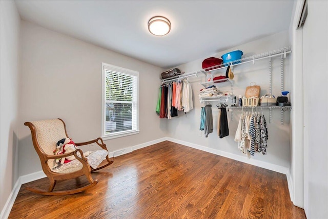 walk in closet with wood finished floors