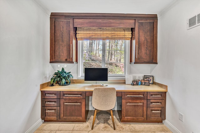 3421 Exeter St SW, Roanoke, VA 24014 - office area with visible vents, baseboards, built in study area, and ornamental molding