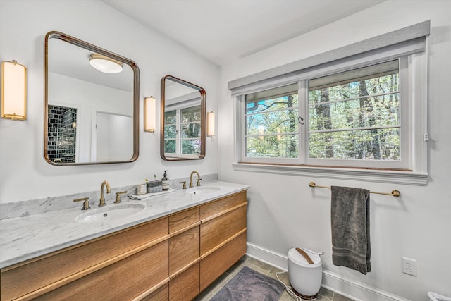 3421 Exeter St SW, Roanoke, VA 24014 - full bathroom with double vanity, baseboards, and a sink