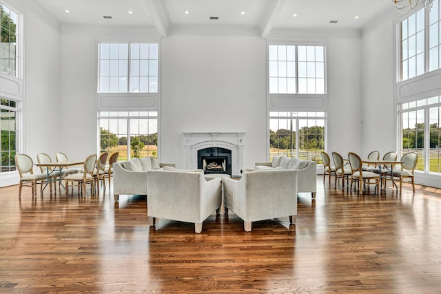 189 Old Buckingham Rd, Cumberland, VA 23040 - living area featuring a towering ceiling, dark wood finished floors, a high end fireplace, and ornamental molding