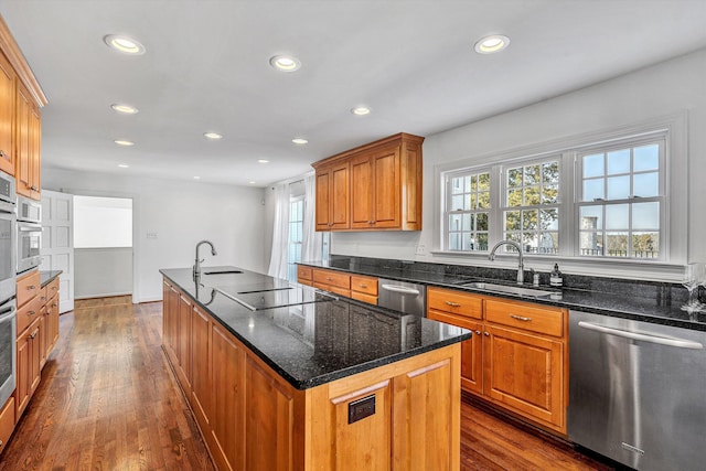 kitchen with a healthy amount of sunlight, appliances with stainless steel finishes, a center island with sink, and a sink