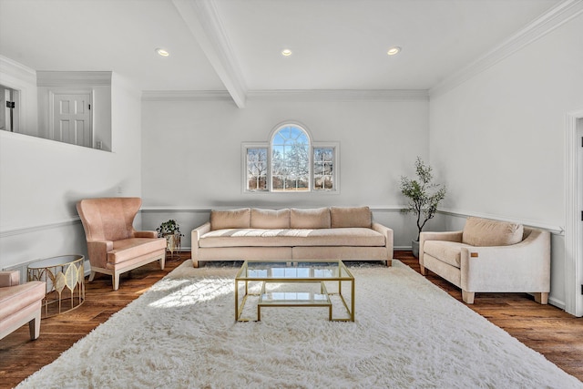 living room with crown molding, wood finished floors, and recessed lighting