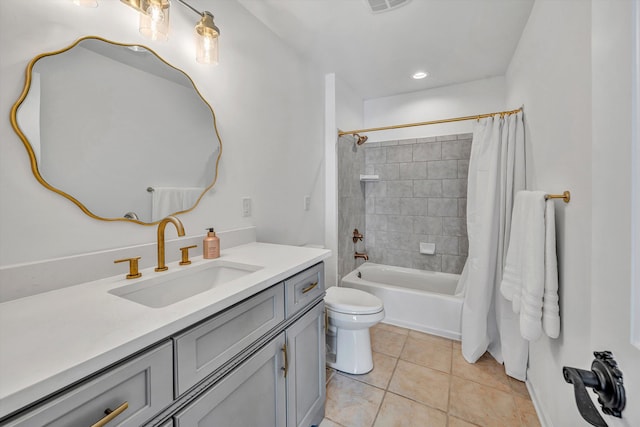 full bath featuring tile patterned floors, vanity, shower / bath combination with curtain, toilet, and recessed lighting