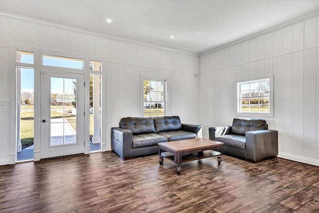 living room featuring baseboards, crown molding, dark wood-type flooring, and plenty of natural light