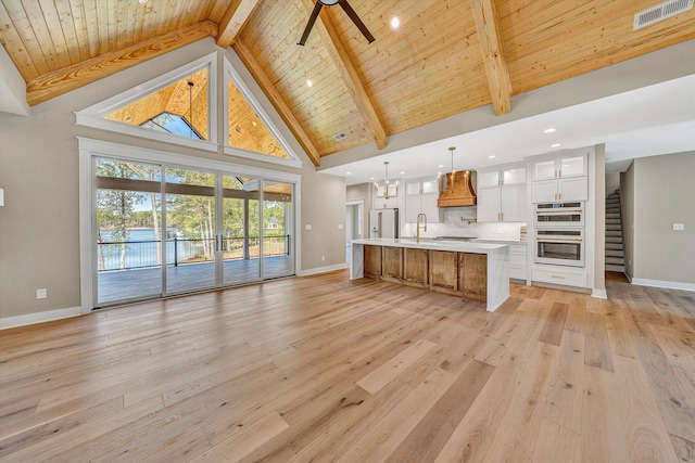unfurnished living room with high vaulted ceiling, light wood-type flooring, wood ceiling, baseboards, and visible vents