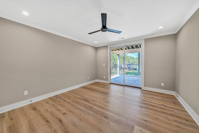 empty room with baseboards, recessed lighting, light wood-style floors, a ceiling fan, and ornamental molding