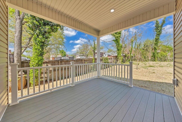 wooden deck with a fenced backyard