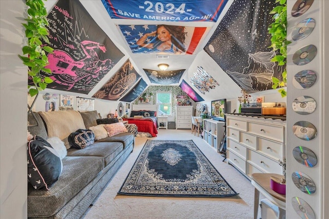 interior space featuring visible vents, vaulted ceiling, and carpet