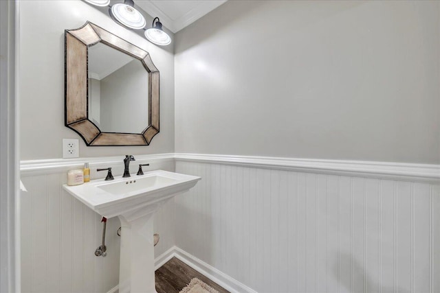 bathroom with crown molding, a wainscoted wall, and wood finished floors