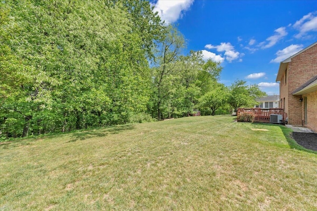 view of yard with cooling unit and a wooden deck