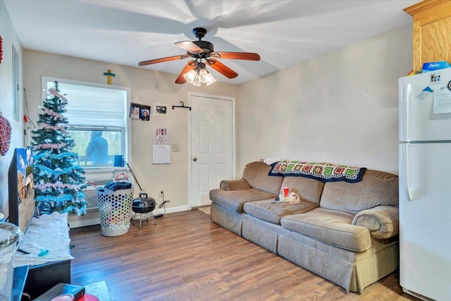 14189 Franklin St, Ferrum, VA 24088 - living area with wood finished floors, a ceiling fan, and baseboards