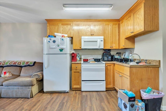 14189 Franklin St, Ferrum, VA 24088 - kitchen with a sink, open floor plan, wood finished floors, white appliances, and light countertops