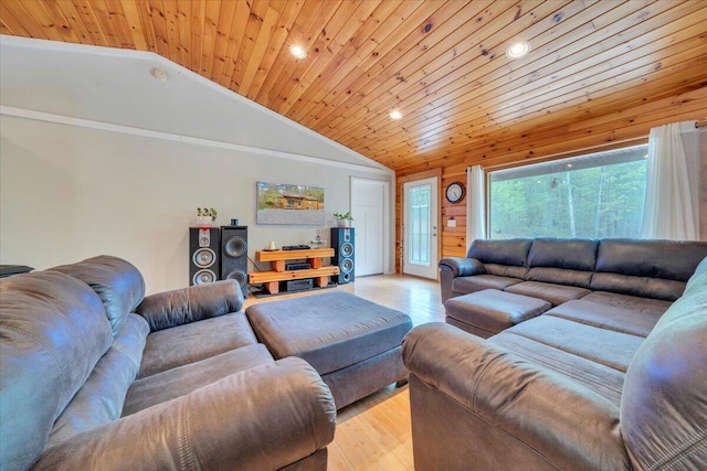 living area with wood ceiling, vaulted ceiling, wood finished floors, and recessed lighting