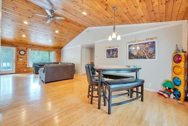 dining area with light wood-style flooring, vaulted ceiling, recessed lighting, ceiling fan, and wooden ceiling