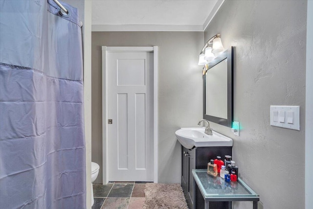 full bath featuring vanity, toilet, stone finish floor, and a shower with shower curtain