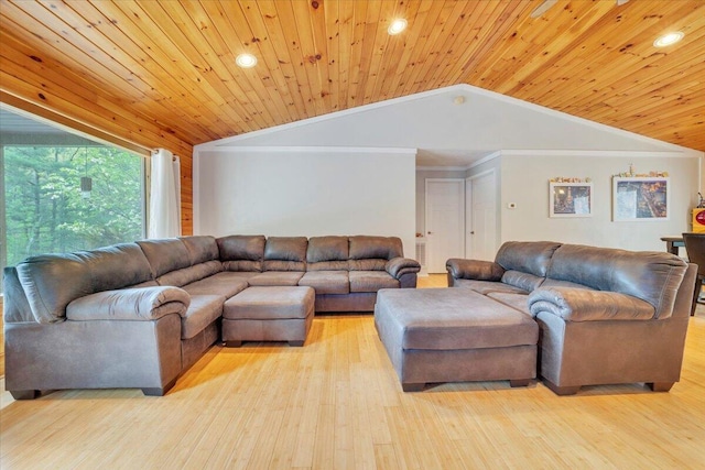 living room with crown molding, light wood-type flooring, wooden ceiling, lofted ceiling, and recessed lighting