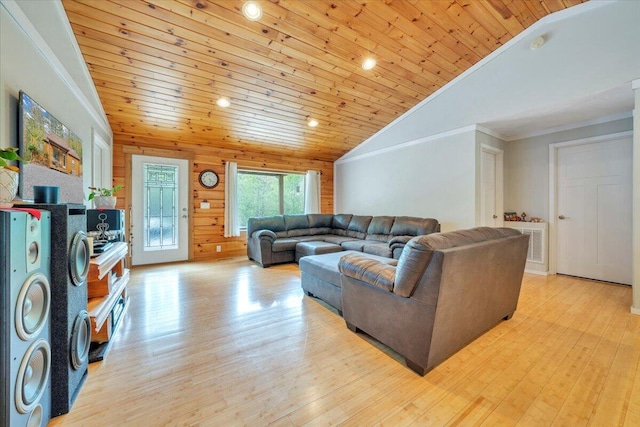 living room with lofted ceiling, light wood finished floors, and wood ceiling