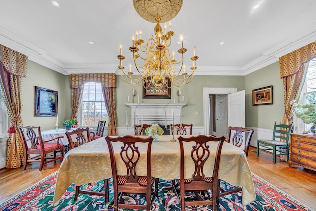 420 S Church St, Fincastle, VA 24090 - dining space featuring hardwood / wood-style flooring, crown molding, a chandelier, recessed lighting, and wainscoting