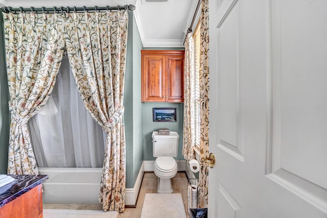 420 S Church St, Fincastle, VA 24090 - bathroom featuring toilet, shower / tub combo, tile patterned flooring, baseboards, and vanity