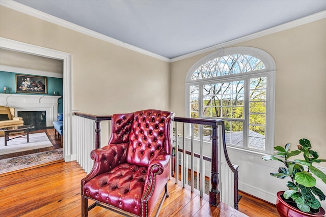 420 S Church St, Fincastle, VA 24090 - sitting room with crown molding, hardwood / wood-style flooring, a fireplace with flush hearth, and baseboards