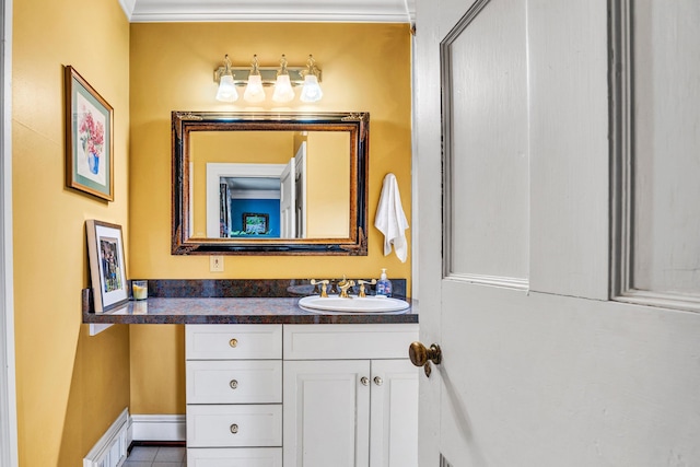 420 S Church St, Fincastle, VA 24090 - bathroom featuring vanity, tile patterned flooring, baseboards, and a baseboard radiator