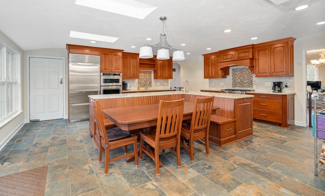 2902 Brughs Mill Rd, Fincastle, VA 24090 - kitchen with lofted ceiling with skylight, open shelves, stainless steel appliances, and decorative backsplash