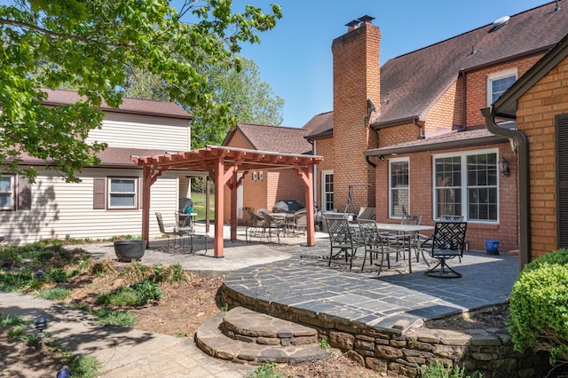 2902 Brughs Mill Rd, Fincastle, VA 24090 - rear view of house with a chimney, a patio area, a shingled roof, and a pergola