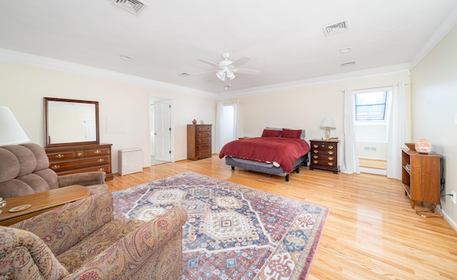 2902 Brughs Mill Rd, Fincastle, VA 24090 - bedroom with ornamental molding, visible vents, a ceiling fan, and light wood-style flooring