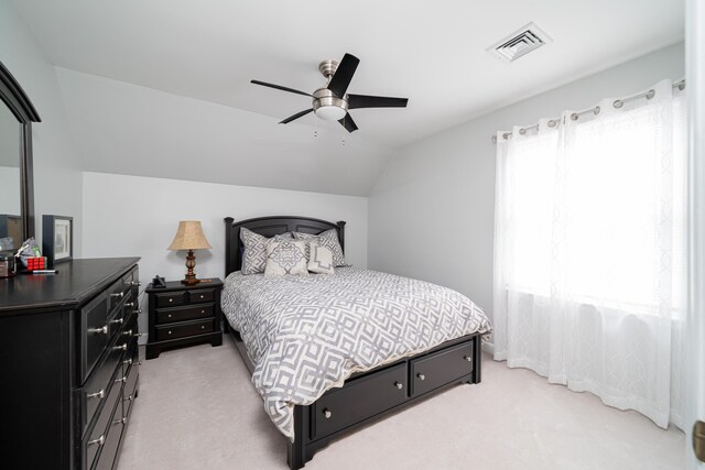 2902 Brughs Mill Rd, Fincastle, VA 24090 - bedroom with lofted ceiling, visible vents, a ceiling fan, and light carpet