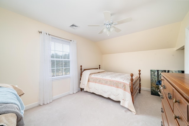 2902 Brughs Mill Rd, Fincastle, VA 24090 - bedroom featuring ceiling fan, visible vents, baseboards, vaulted ceiling, and light carpet