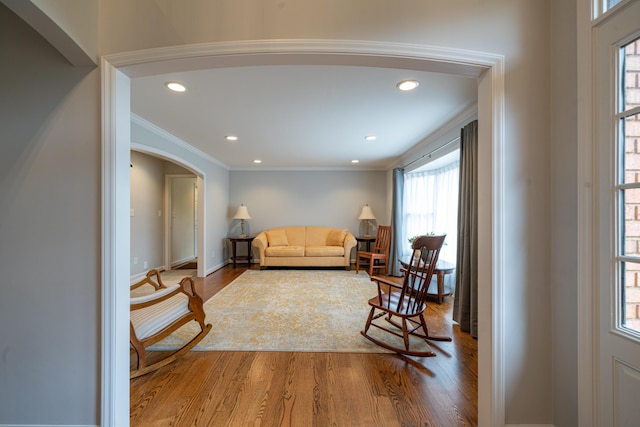 2902 Brughs Mill Rd, Fincastle, VA 24090 - living area featuring recessed lighting, arched walkways, ornamental molding, and wood finished floors