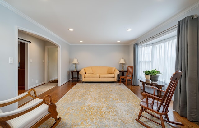 2902 Brughs Mill Rd, Fincastle, VA 24090 - living area featuring recessed lighting, arched walkways, wood finished floors, and crown molding