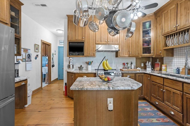 30 Boulder Point Dr, Hardy, VA 24101 - kitchen with under cabinet range hood, a sink, stainless steel appliances, decorative backsplash, and light wood-type flooring