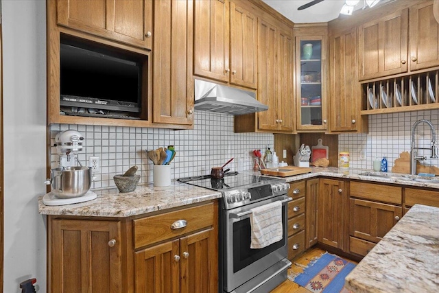 30 Boulder Point Dr, Hardy, VA 24101 - kitchen featuring stainless steel electric range oven, a sink, under cabinet range hood, brown cabinets, and tasteful backsplash