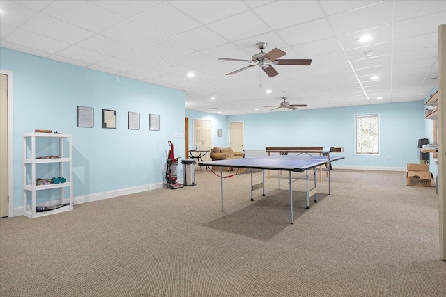30 Boulder Point Dr, Hardy, VA 24101 - playroom featuring carpet, a ceiling fan, a drop ceiling, baseboards, and recessed lighting