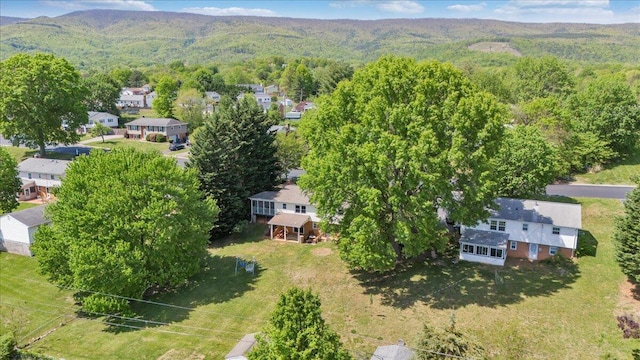 drone / aerial view featuring a mountain view and a forest view