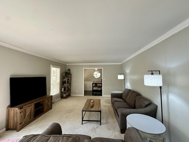 living area featuring light carpet, baseboards, and crown molding