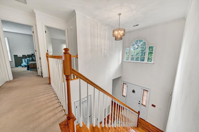 72 Windsor Ct, Roanoke, VA 24019 - stairs with a chandelier, crown molding, and wood finished floors