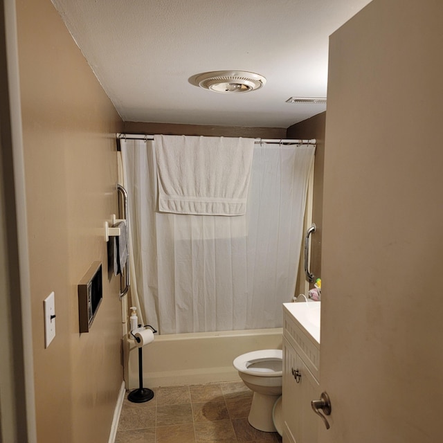 1106 Hogan Rd, Blue Ridge, VA 24064 - full bathroom featuring shower / tub combo with curtain, vanity, toilet, tile patterned floors, and visible vents