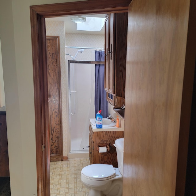1106 Hogan Rd, Blue Ridge, VA 24064 - bathroom featuring vanity, toilet, tile patterned floors, a skylight, and a stall shower