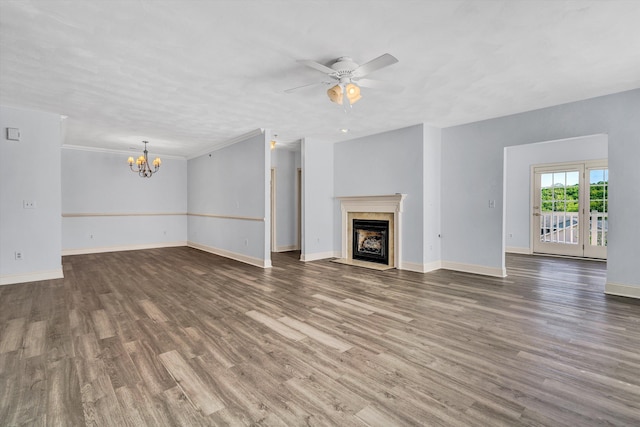 4444 Pheasant Ridge Rd Unit 206, Roanoke, VA 24014 - unfurnished living room featuring baseboards, a fireplace with flush hearth, wood finished floors, and ceiling fan with notable chandelier