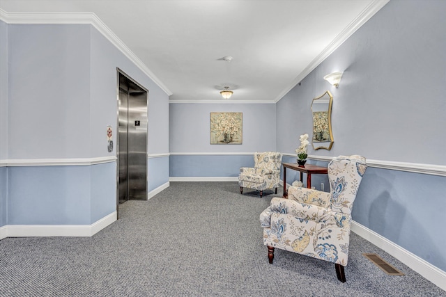 4444 Pheasant Ridge Rd Unit 206, Roanoke, VA 24014 - living area featuring visible vents, crown molding, carpet floors, baseboards, and elevator