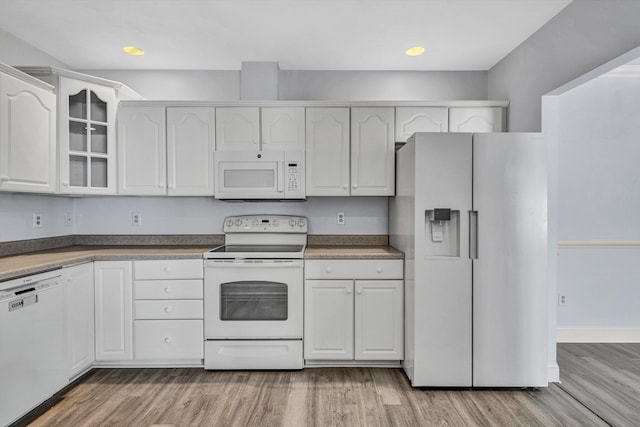 4444 Pheasant Ridge Rd Unit 206, Roanoke, VA 24014 - kitchen featuring white appliances, glass insert cabinets, baseboards, light wood-type flooring, and white cabinets