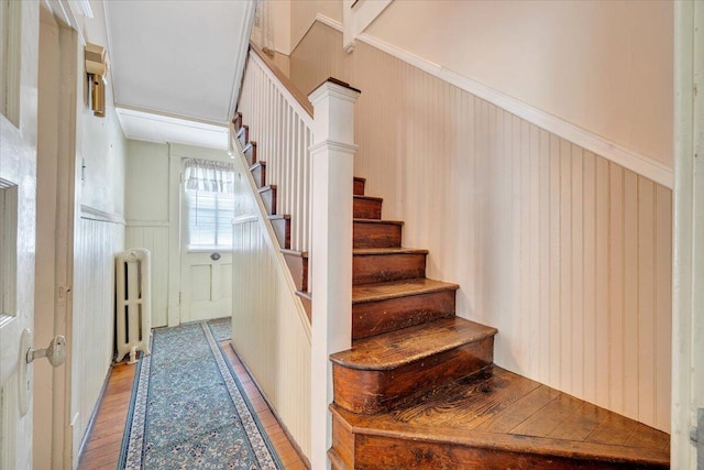 stairs featuring wood finished floors, a decorative wall, radiator heating unit, and wainscoting