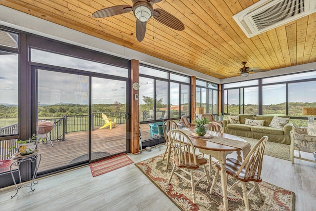 sunroom featuring outdoor lounge area, visible vents, and a ceiling fan