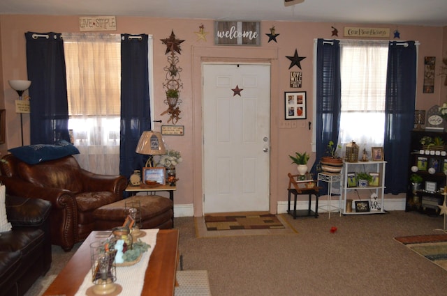 living room featuring carpet floors and baseboards