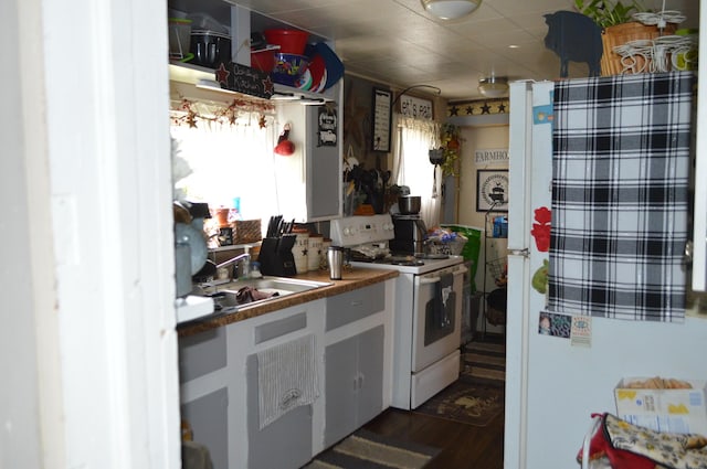 kitchen featuring electric range, a sink, and dark wood-type flooring