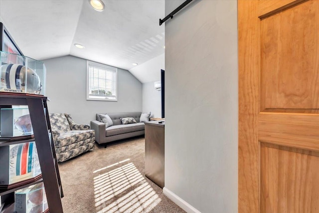 carpeted bedroom featuring lofted ceiling