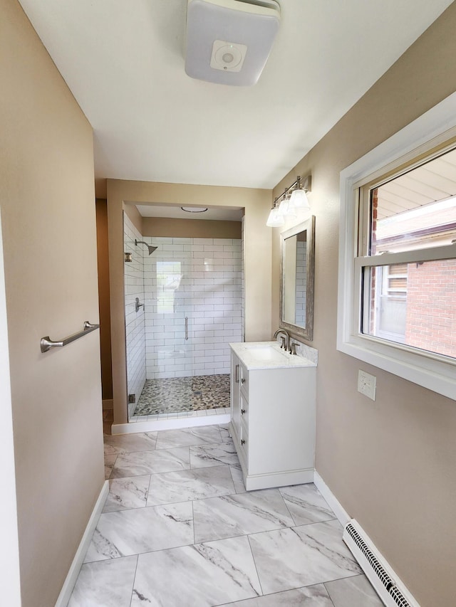 1322 S David Ave, Covington, VA 24426 - full bath featuring baseboards, a shower stall, marble finish floor, and baseboard heating